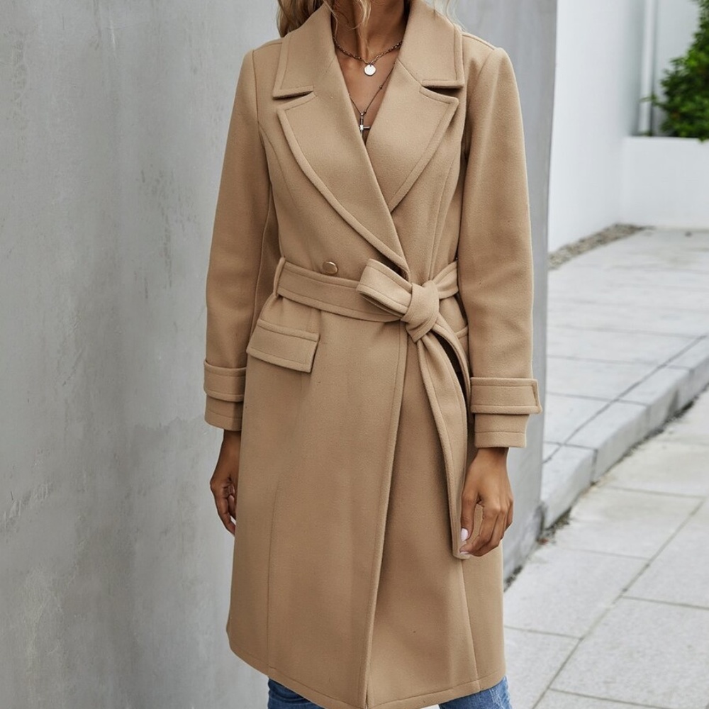 Classic Black Double Breast Buttons Trench Coat Jacket - Picture 3 of 8